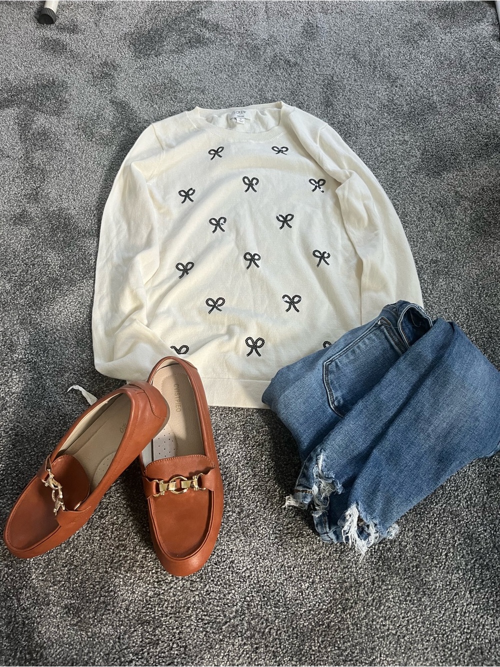 J. Crew Cream Sweater with Black Bow Print